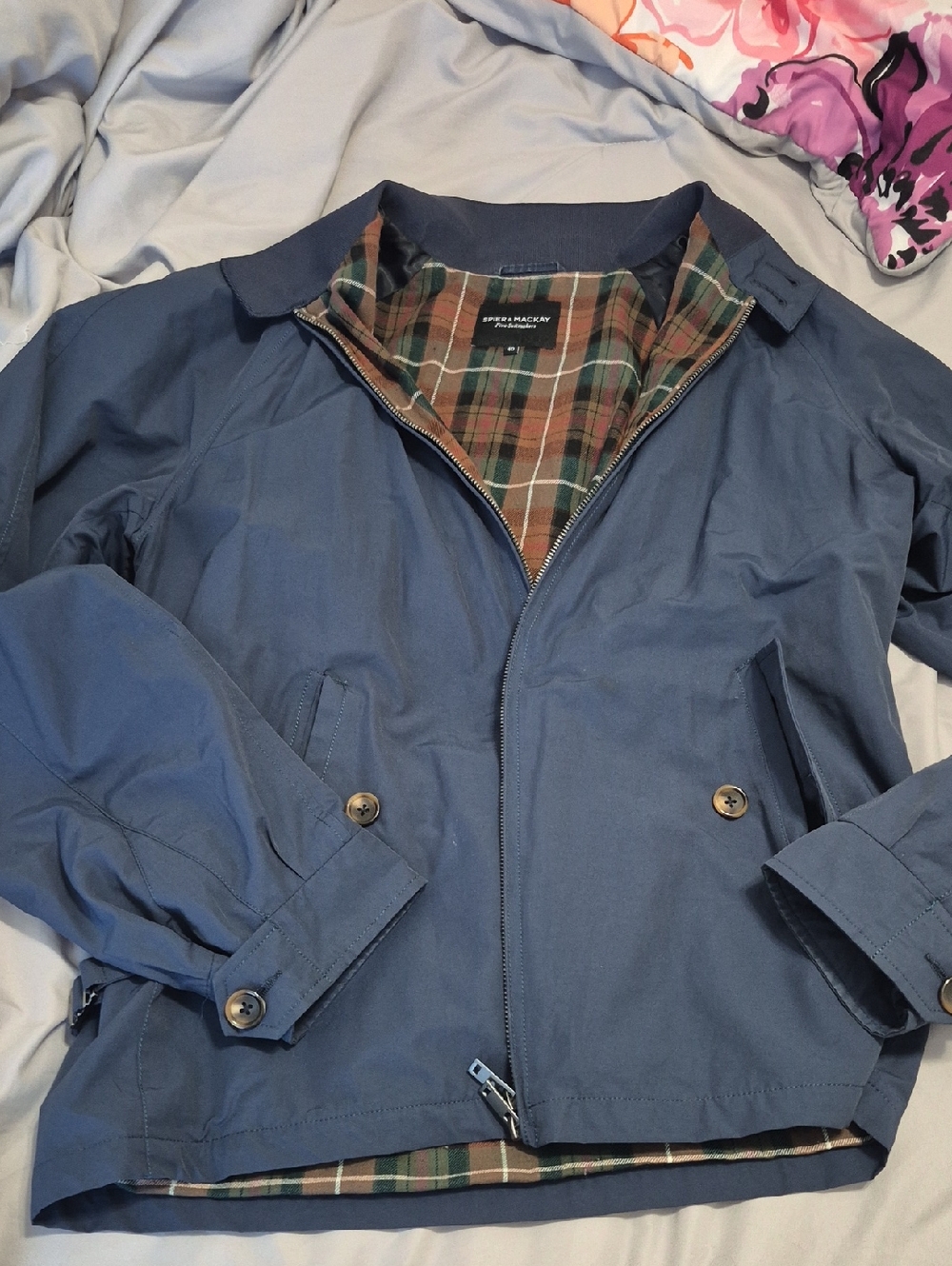 Spier & Mackay Men's Navy Blue Harrington Jacket with Plaid Lining Size 40
